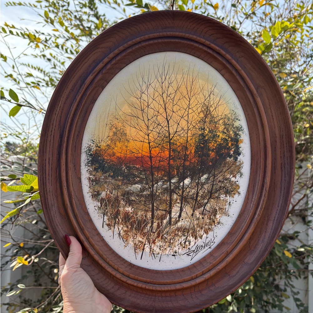 Vintage 80’s forest sunset Landscape Oval Wall Art/ 18x15 / Robert Lardinois